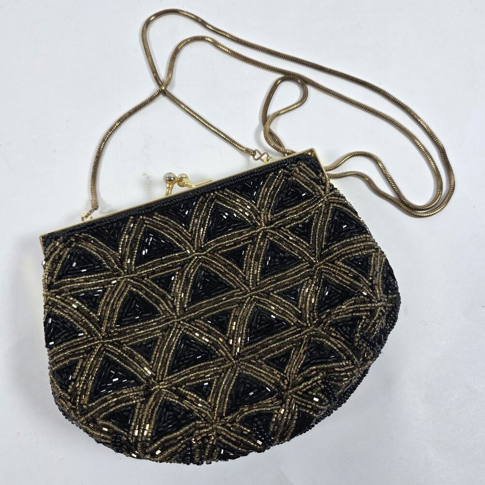 VTG Nordstrom Beaded Evening Bag Black Gold ArtDeco Formal Purse Clutch Kisslock